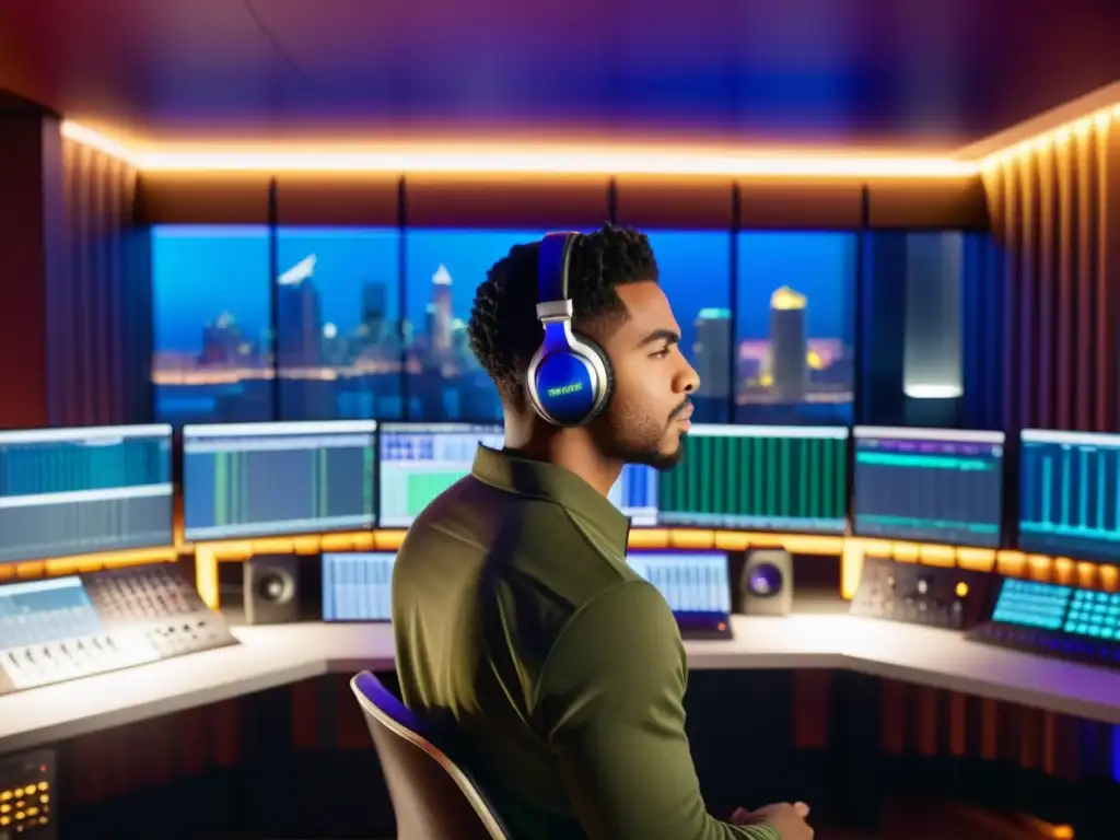 Estudio de grabación moderno: ingeniero profesional creando jingle Derechos de autor para jingles publicitarios en estudio de grabación moderno, con equipo de alta tecnología y ambiente creativo