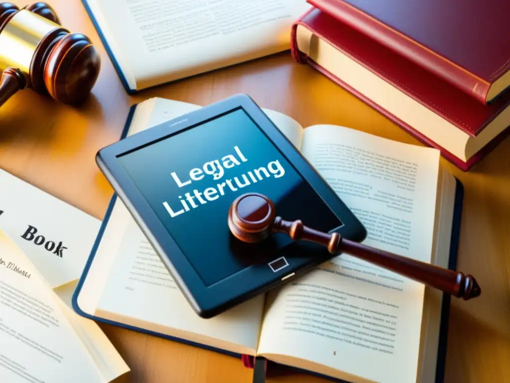 Derechos de autor en libros digitales: un lector de libros electrónicos rodeado de documentos legales y un martillo de juez, representa la intersección entre la literatura digital y los aspectos legales