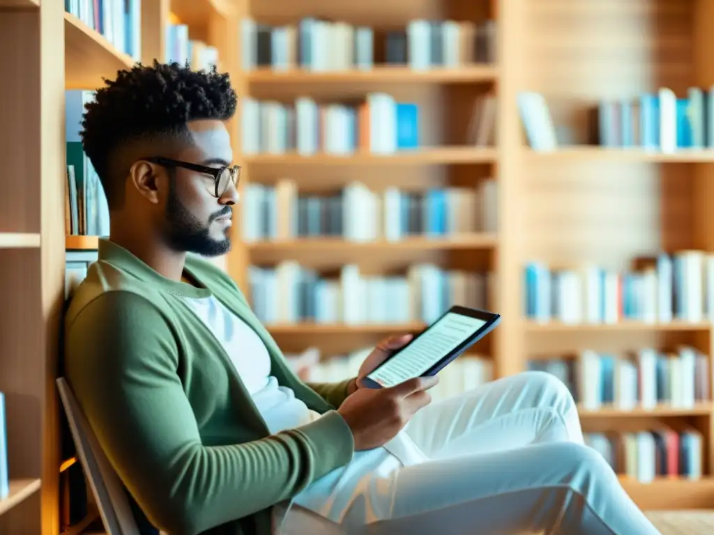 Derechos de autor en libros digitales: persona leyendo en tablet con libros impresos al fondo, en un acogedor rincón de lectura iluminado