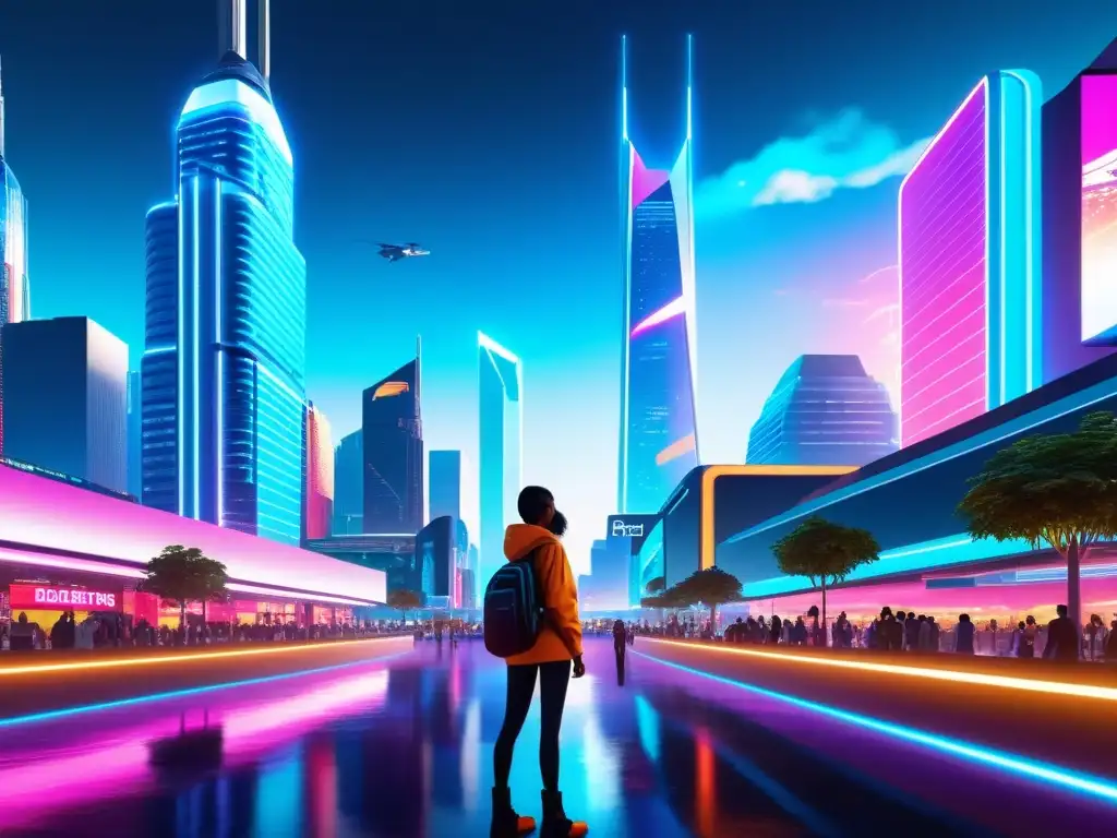 Derechos de autor en metaversos virtuales: Una ciudad futurista vibrante y dinámica con rascacielos, hologramas y ciudadanos virtuales, inmersos en actividades digitales bajo luces de neón