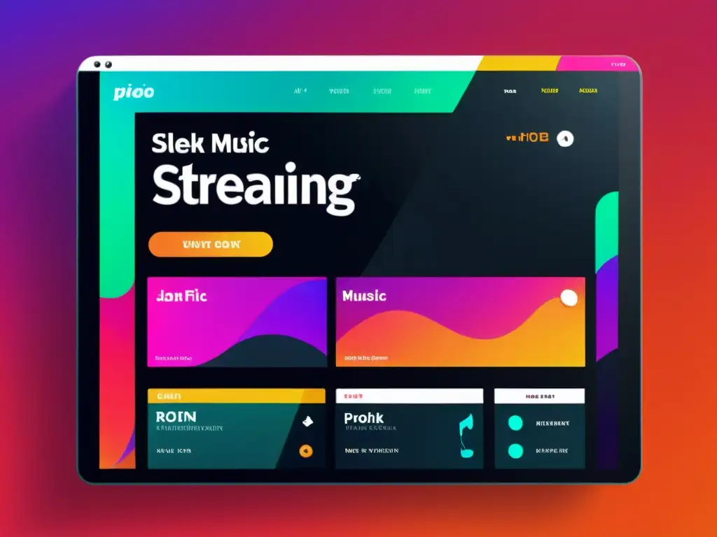 Derechos de autor en música en línea: Interfaz moderna y vibrante de plataforma de streaming musical con diseño minimalista y profesional