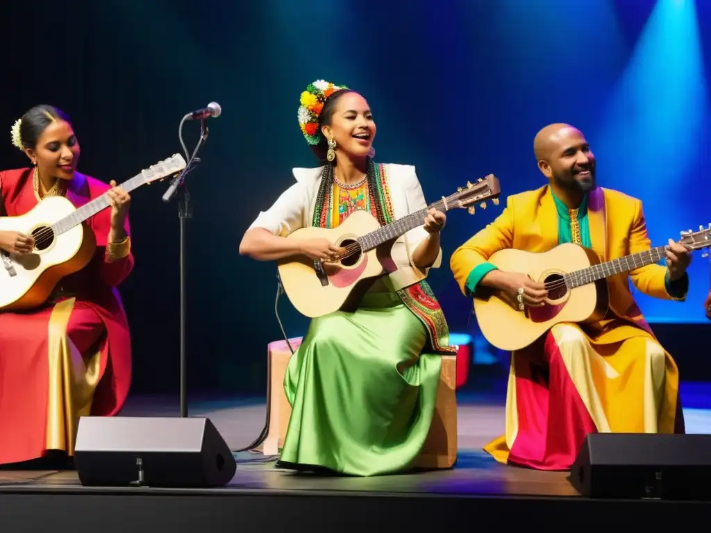 Derechos de autor música folclore: Grupo multicultural interpreta música folclórica en escenario urbano, fusionando tradición y modernidad