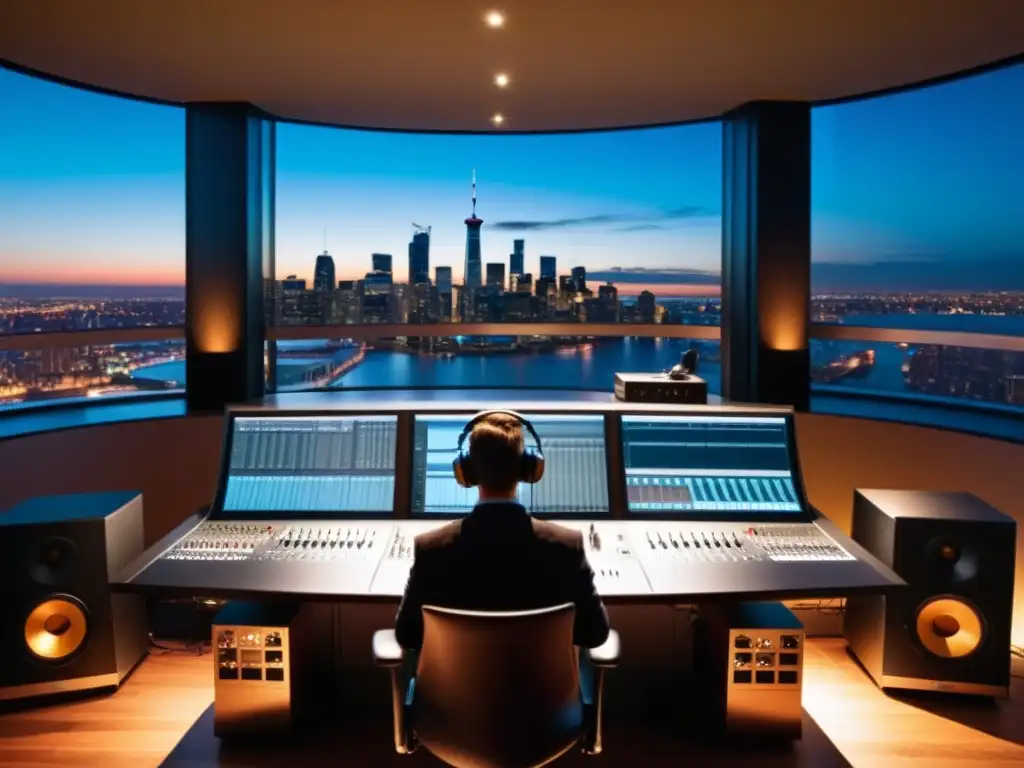 Derechos de autor en música incidental: Persona profesional ajustando niveles en estudio de grabación moderno con ventanales y vista a la ciudad