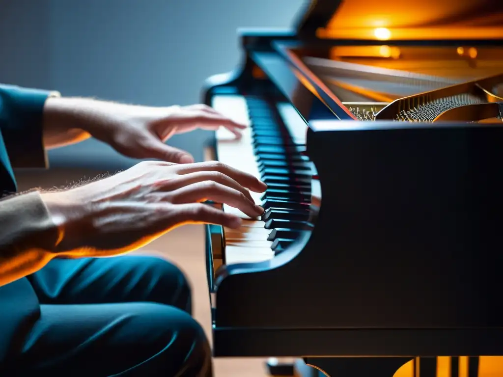 Derechos de autor musicales compositores: Detalle de manos de músico tocando el piano, expresando pasión y concentración en un estudio minimalista