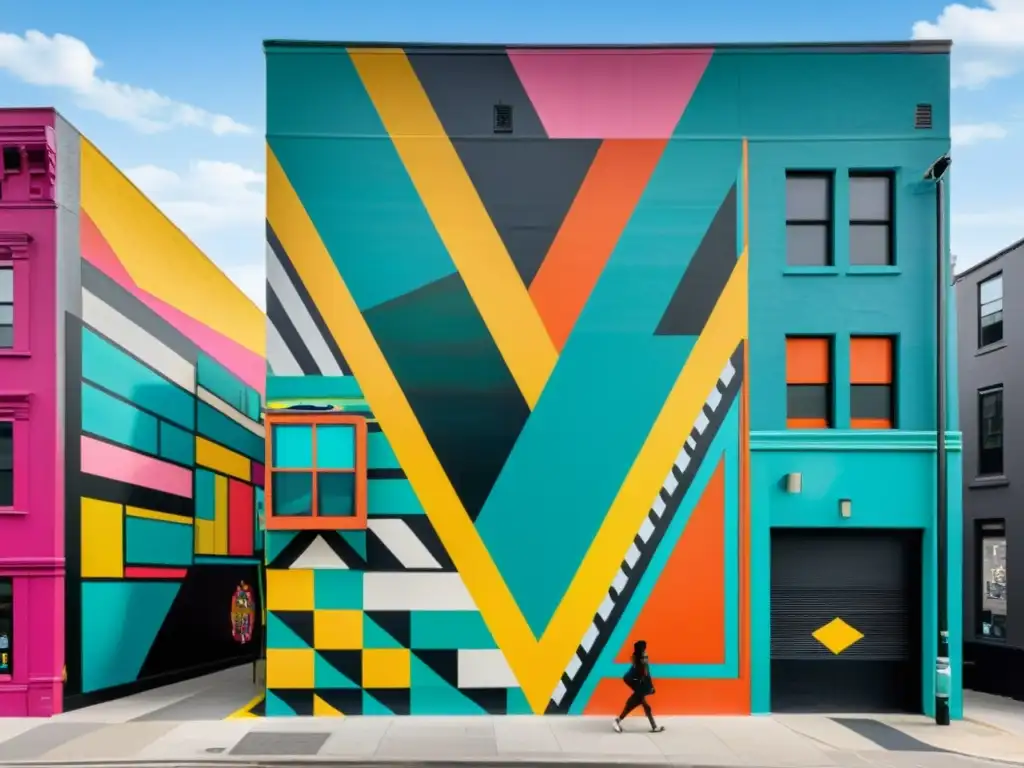 Derechos de autor en obras públicas: Un mural urbano vibrante y moderno con formas geométricas audaces y una paleta de colores dinámica, creado por un artista callejero contemporáneo