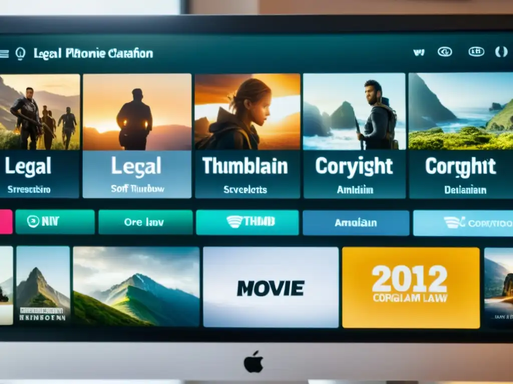 Derechos de autor en streaming: Pantalla de computadora muestra plataforma de películas con símbolos de copyright y documento legal destacado