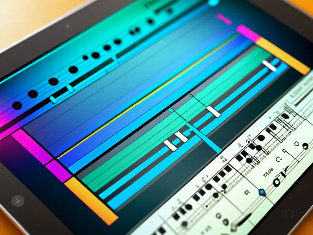 Derechos de autor: partitura digital en pantalla, con colores vibrantes y notaciones musicales intricadas, fusionando lo tradicional con lo digital