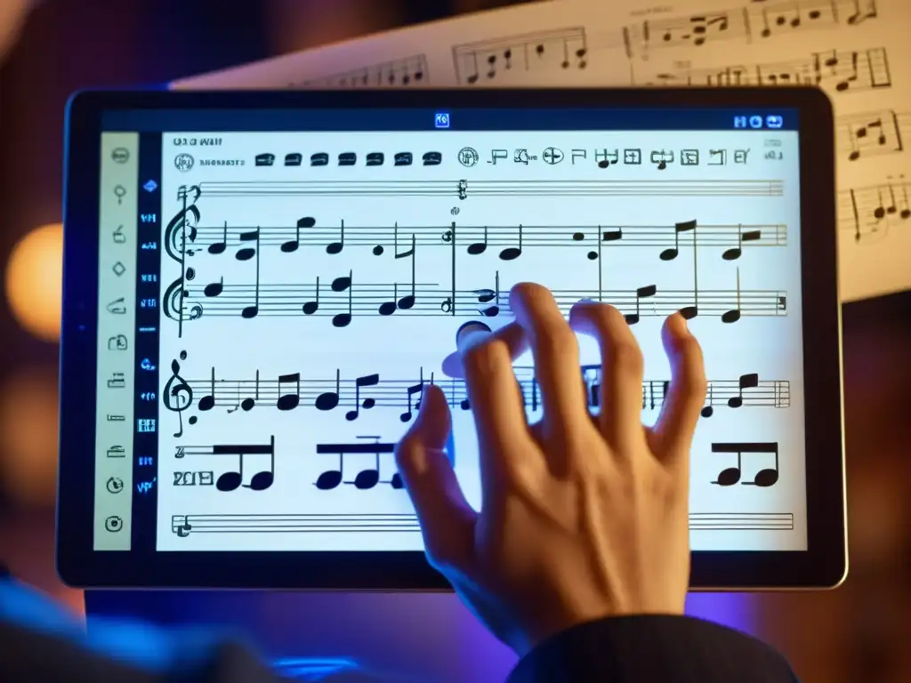 Derechos de autor partitura digital: Manos de músico organizando partituras en tablet, con notaciones musicales nítidas y cálida iluminación