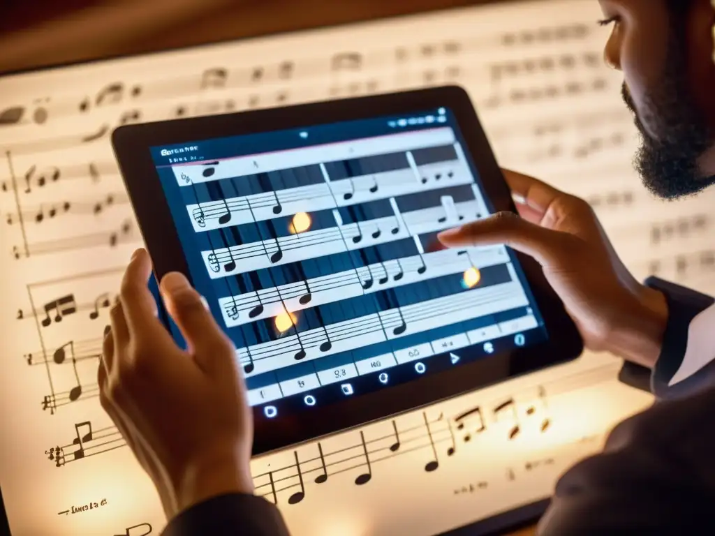 Derechos de autor partitura digital en tablet, manos de músico, integración tecnológica y detalles musicales vibrantes