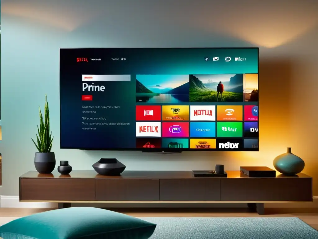 Derechos de autor en plataformas de streaming: Sala moderna con TV en pared, iluminación ambiental y contenido variado en pantalla