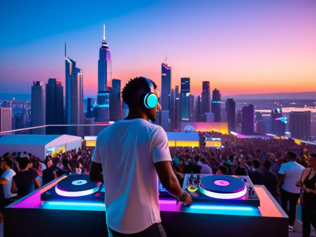 Derechos de autor en publicidad de música electrónica: paisaje urbano futurista con DJ y multitud en terraza iluminada por neón al atardecer