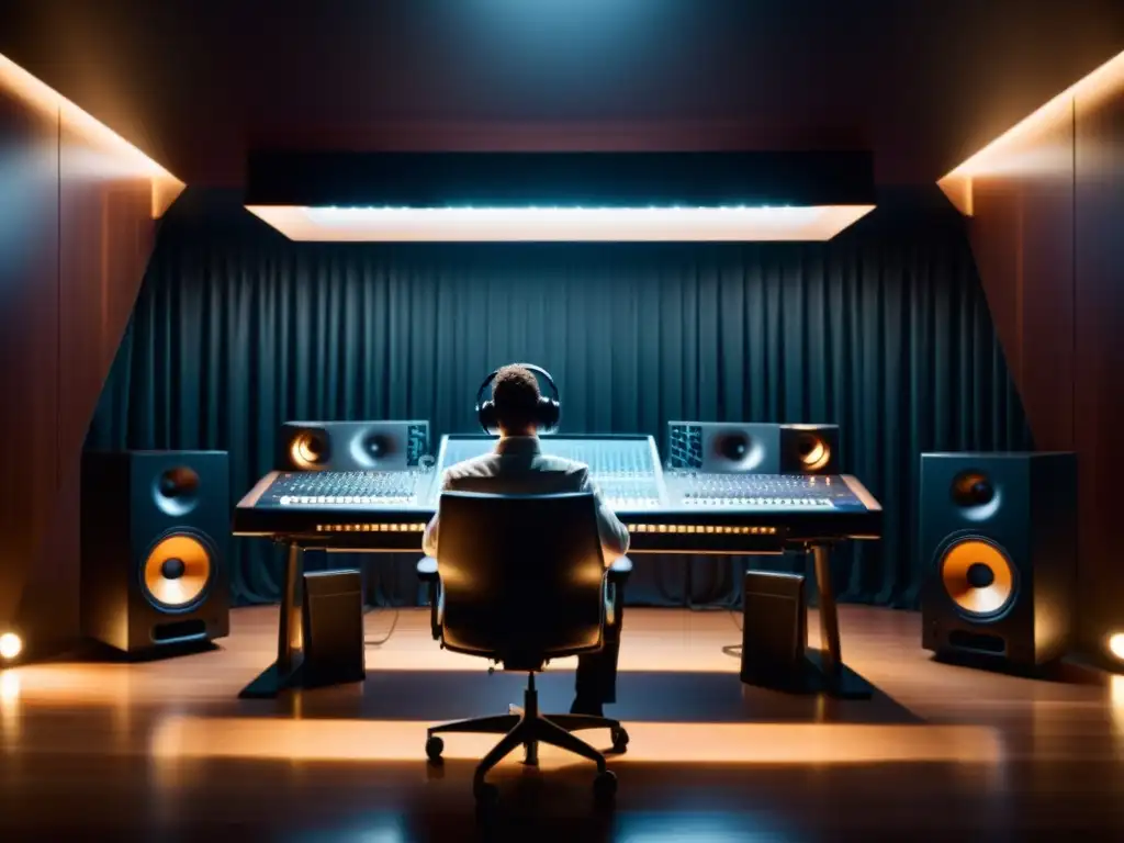 Derechos de autor en publicidad musical: Imagen de un moderno estudio de grabación con equipo de alta tecnología y un músico apasionado interpretando una pieza