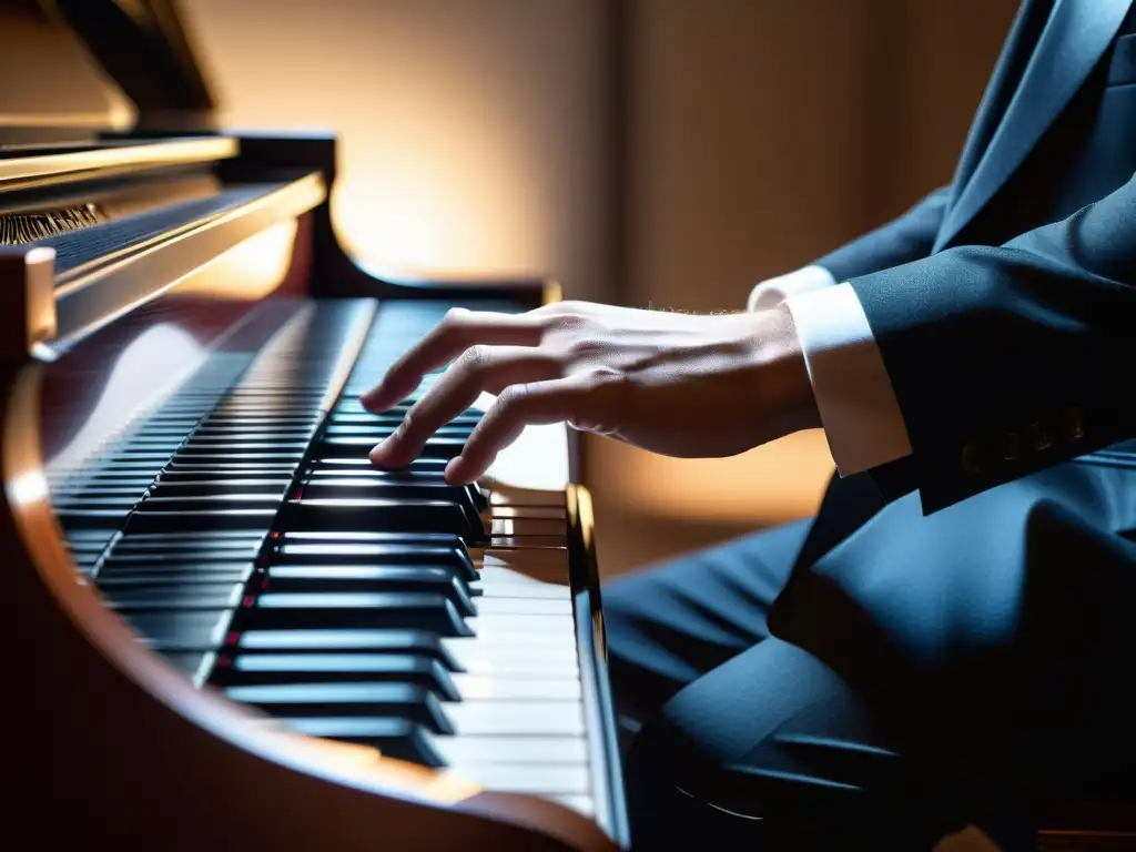 Derechos de autor en publicidad musical: Imagen de manos de músico tocando un piano de cola con intensidad y pasión, iluminación dramática