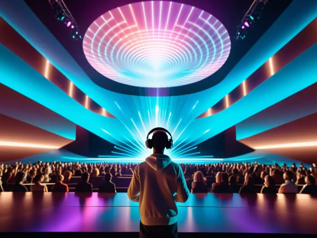 Derechos de autor en realidad aumentada: Artista virtual actúa en alucinante sala de conciertos holográfica, rodeado de luces y ondas de sonido