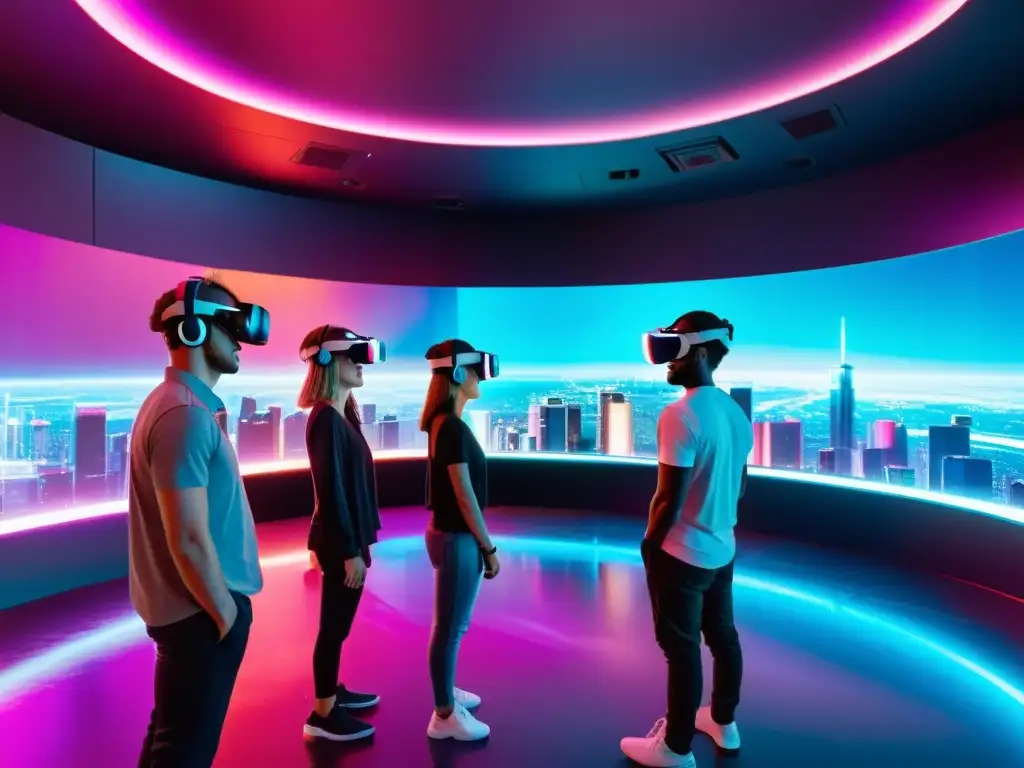 Derechos de autor en realidad virtual: Personas interactúan con objetos virtuales en un futurista espacio lleno de tecnología y emoción