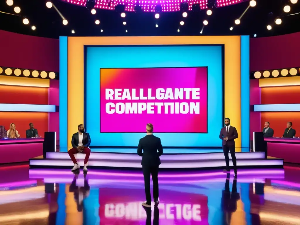 Derechos de autor en reality shows: Competencia en TV con concursantes, luces brillantes y diseño contemporáneo