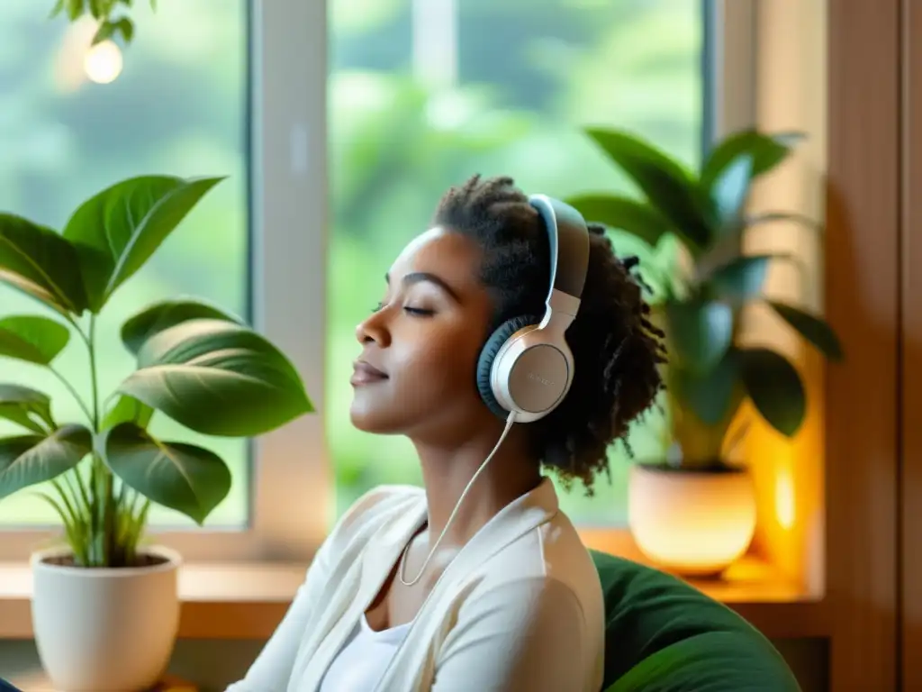 Derechos de autor música terapias: Persona relajada escuchando música en un ambiente acogedor y lleno de plantas verdes