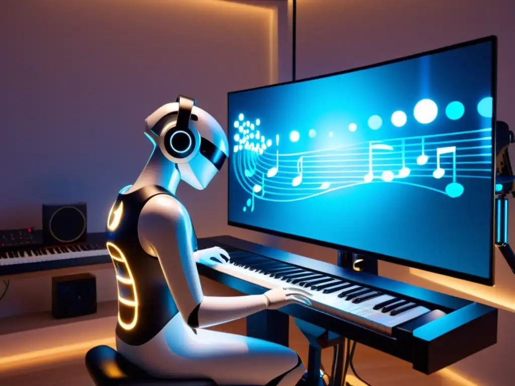 Derechos de autor en la música: Brazo robótico AI componiendo en estudio futurista con instrumentos digitales y hologramas, bañado en luz vibrante