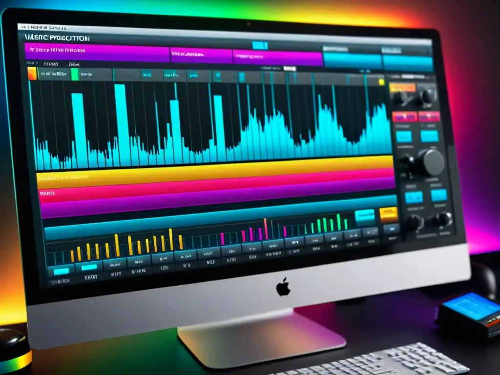 Derechos de autor en samples: Detalle de software de producción musical con ondas de colores, botones y deslizadores