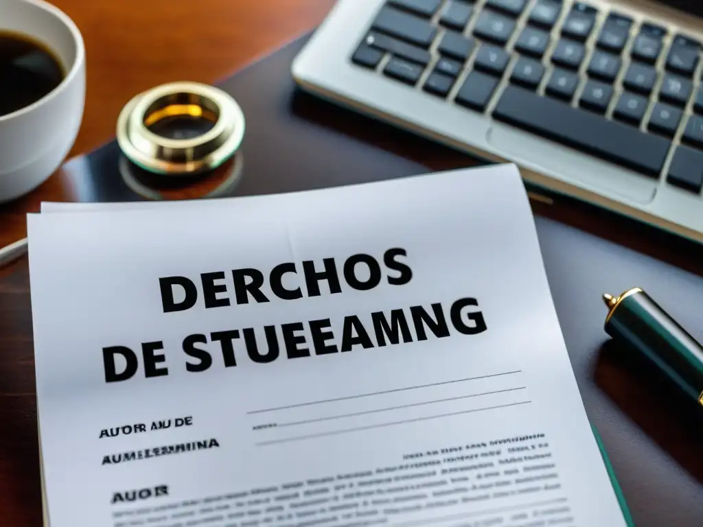 Derechos de autor en streaming en vivo: Imagen profesional de un documento legal con detalles intrincados, en un elegante ambiente de oficina