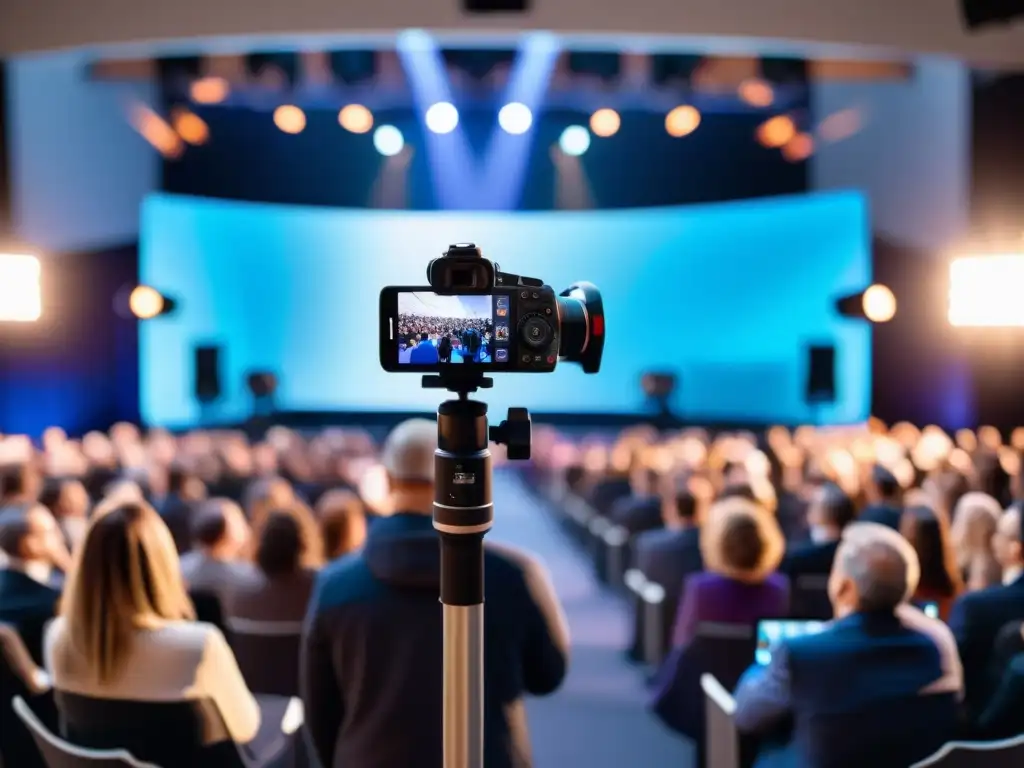 Derechos de autor en streaming en vivo: Persona transmitiendo en directo un evento con equipo profesional y ambiente cautivador