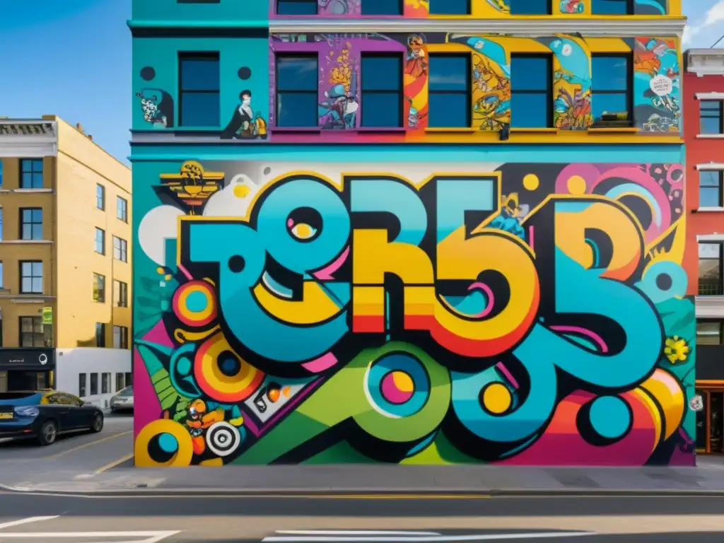 Derechos de autor en street art: Mural colorido y detallado en edificio, refleja la energía y creatividad del arte callejero