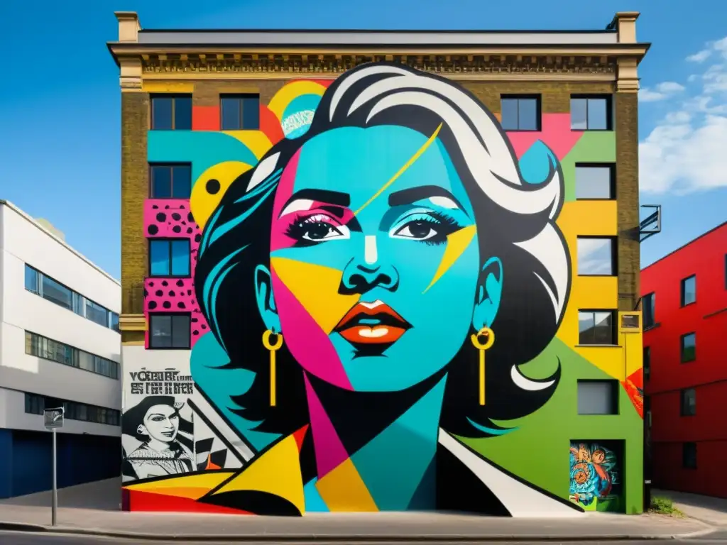Derechos de autor en street art: impresionante mural urbano colorido y detallado, con personajes vibrantes y patrones llamativos