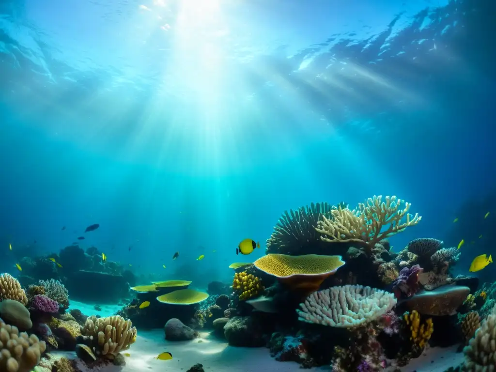 Derechos de autor en fotografía submarina: Impresionante arrecife de coral vibrante, vida marina colorida y juegos de luz bajo el agua
