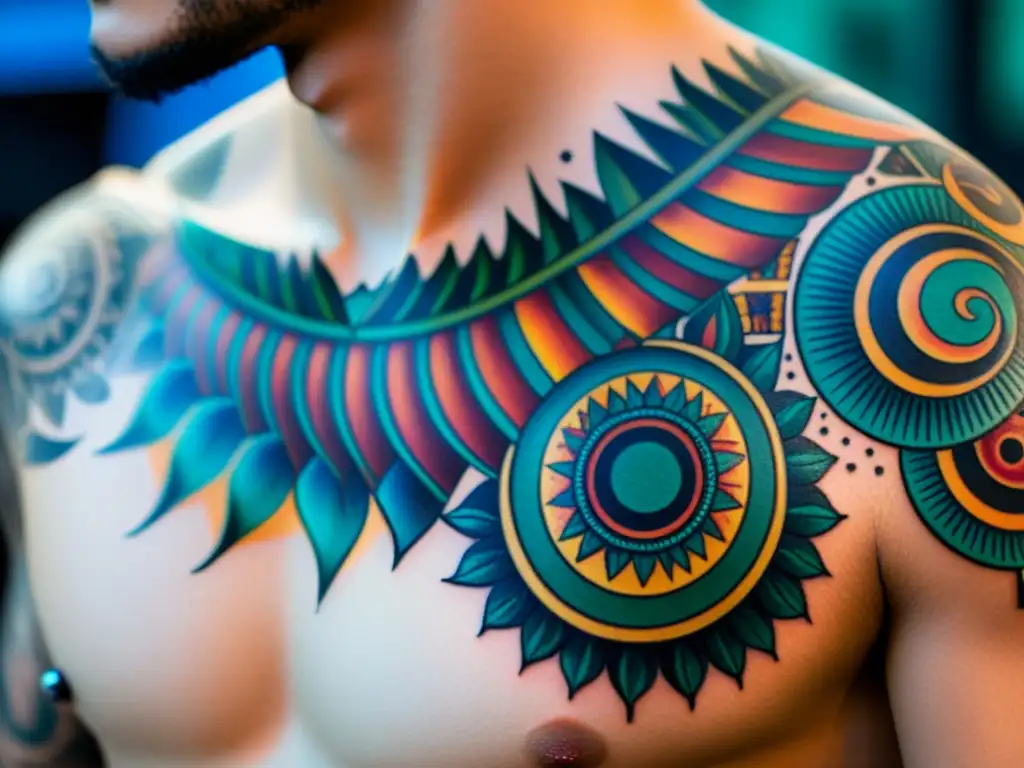 Derechos de autor tatuajes obra: Detalle en alta resolución de un tatuaje colorido con patrones intrincados, resaltando la expresión artística y el cuidado en los detalles de la piel