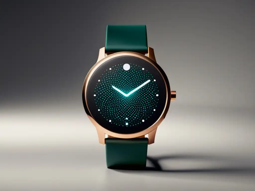 Derechos de autor en tecnología wearable: Reloj inteligente futurista con diseño minimalista y pantalla vibrante de alta resolución, reflejando la fusión de arte y tecnología en un estuche metálico pulido, con patrones geométricos en la correa