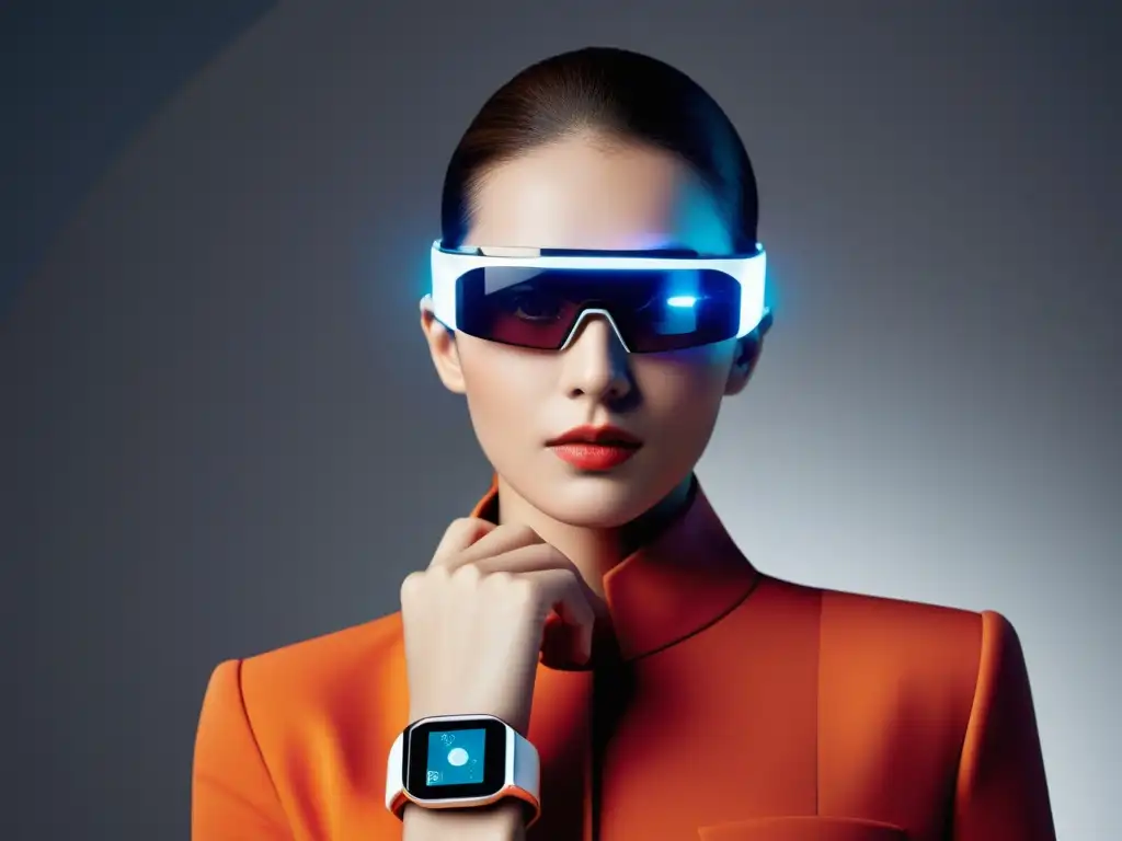 Derechos de autor en tecnología wearable: Imagen de un dispositivo wearable futurista y elegante destacando la integración de tecnología y moda