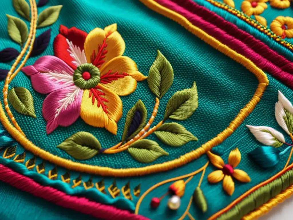 Derechos de autor textiles estampados: Detalle de vibrante bordado, mezcla de diseño tradicional y contemporáneo, con delicada puntada y colores impactantes