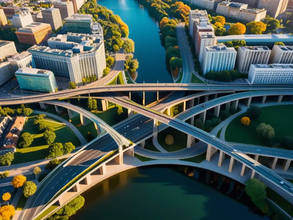 Derechos de autor fotografía aérea: Ciudad vibrante al atardecer, con modernos rascacielos y una red de carreteras, bañada en la cálida luz dorada