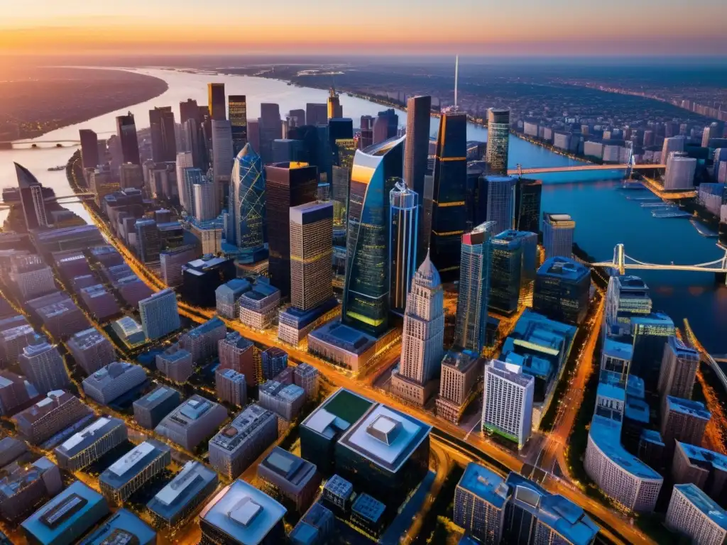 Derechos de autor fotografía aérea: Ciudad vibrante al atardecer, con la cálida luz dorada resaltando su arquitectura diversa y energía dinámica