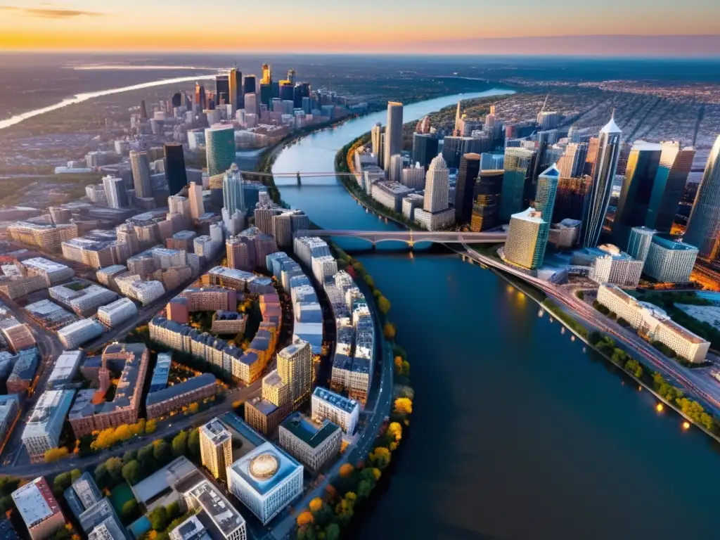 Derechos de autor fotografía aérea: Ciudad vibrante durante la hora dorada, con sombras largas y cálidas del atardecer sobre río y calles urbanas