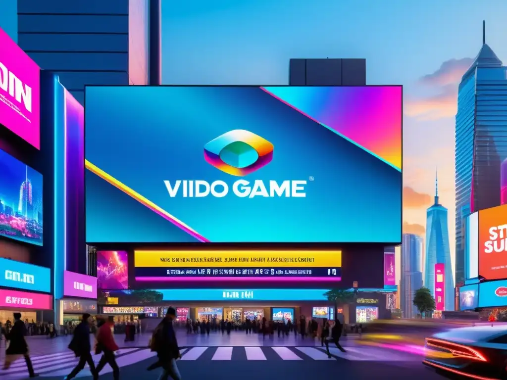 Derechos de autor en videojuegos: Anuncio futurista de videojuego en ciudad virtual con hologramas y luces de neón