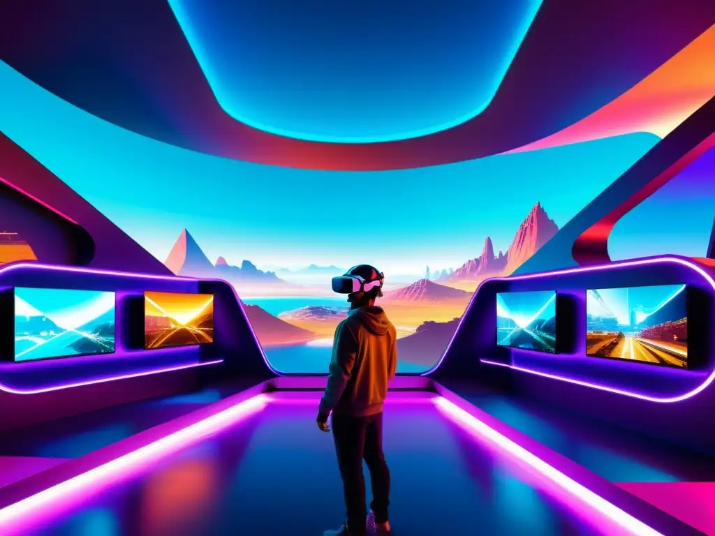 Derechos de autor en videojuegos: Arte digital futurista de un mundo de realidad virtual con paisajes neón y tecnología avanzada