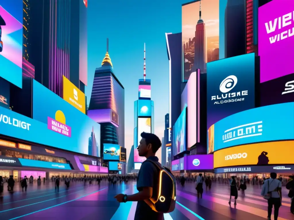 Derechos de autor en videojuegos: Ciudad futurista con hologramas de personajes y logos de videojuegos, integrados en el entorno urbano