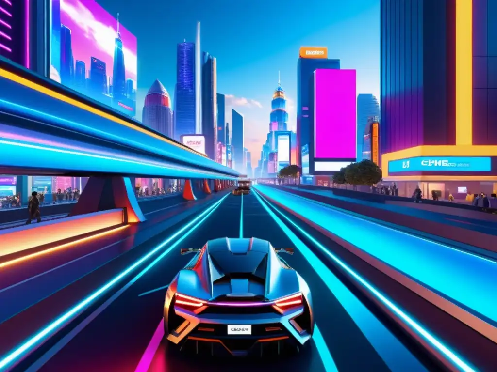 Derechos de autor en videojuegos: Ciudad virtual futurista con rascacielos, calles llenas de personajes virtuales y anuncios de neón