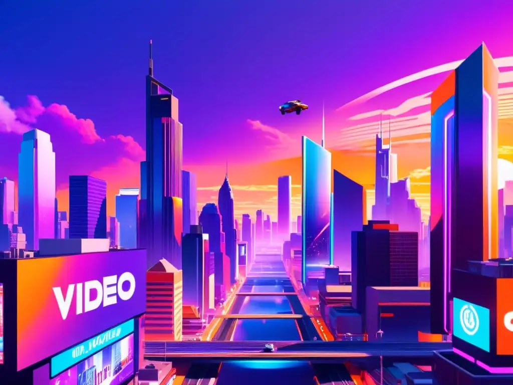 Derechos de autor en videojuegos: una ciudad futurista vibrante con rascacielos elegantes y anuncios holográficos, evocando innovación y creatividad