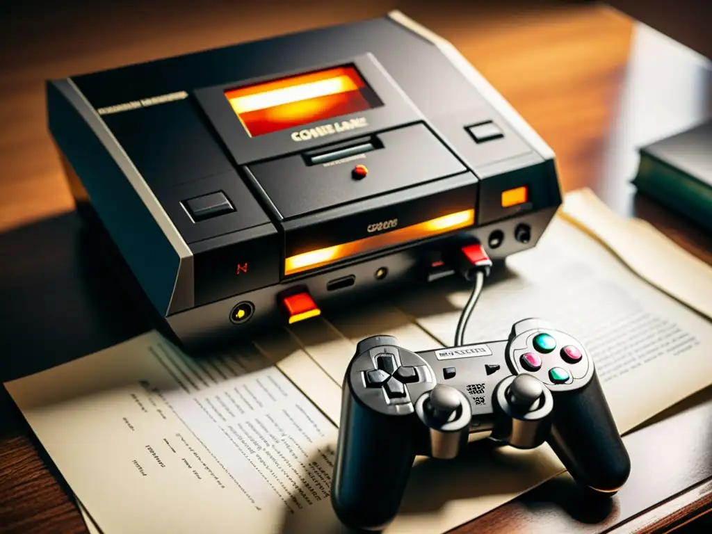 Derechos de autor en emulación de videojuegos: Detalle dramático de una consola vintage con interfaz de emulador y libros legales