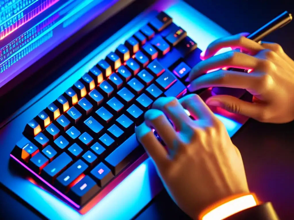 Derechos de autor en videojuegos electrónicos: Un desarrollador teclea en su moderno teclado retroiluminado, reflejando líneas de código y gráficos coloridos en sus gafas, creando una atmósfera profesional y moderna