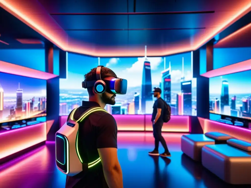 Derechos de autor videojuegos interactivos: Futurista ambiente de realidad virtual en 8k, con rascacielos, luces neón y tecnología avanzada
