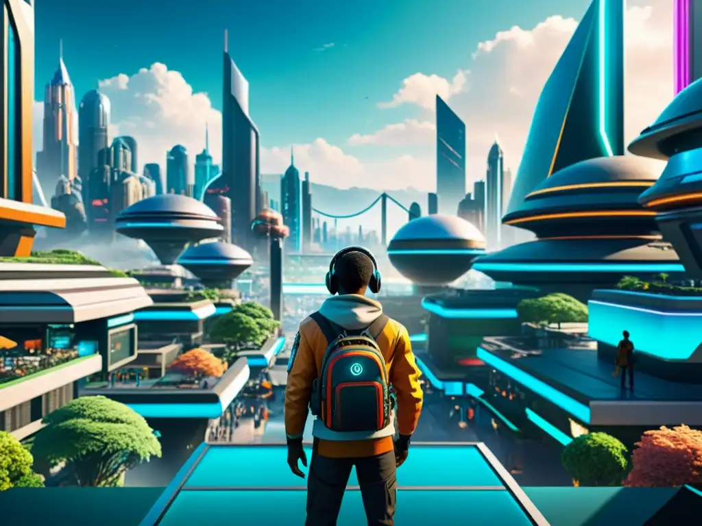 Derechos de autor en videojuegos interactivos: Mundo futurista detallado con tecnología avanzada, ciudad interconectada y personajes diversos