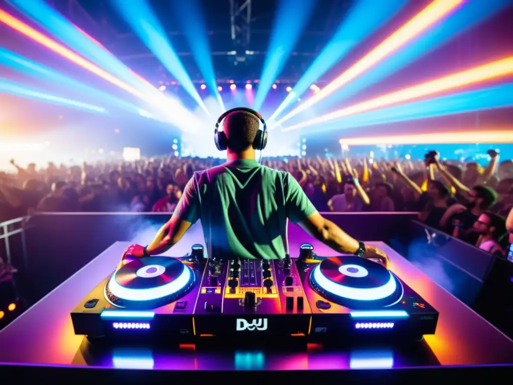 Derechos conexos música electrónica: DJ en festival con luces vibrantes, multitud bailando y equipo de vanguardia