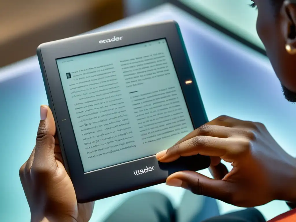 Ereader futurista con contenido interactivo Derechos digitales en propiedad intelectual: Imagen de un lector digital futurista con diseño elegante y contenido interactivo de alta resolución