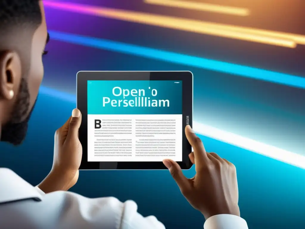 Tablet digital con eBook abierto, imágenes vibrantes y futuristas Derechos digitales en propiedad intelectual: Tableta digital mostrando un eBook con elementos futuristas y profesionales
