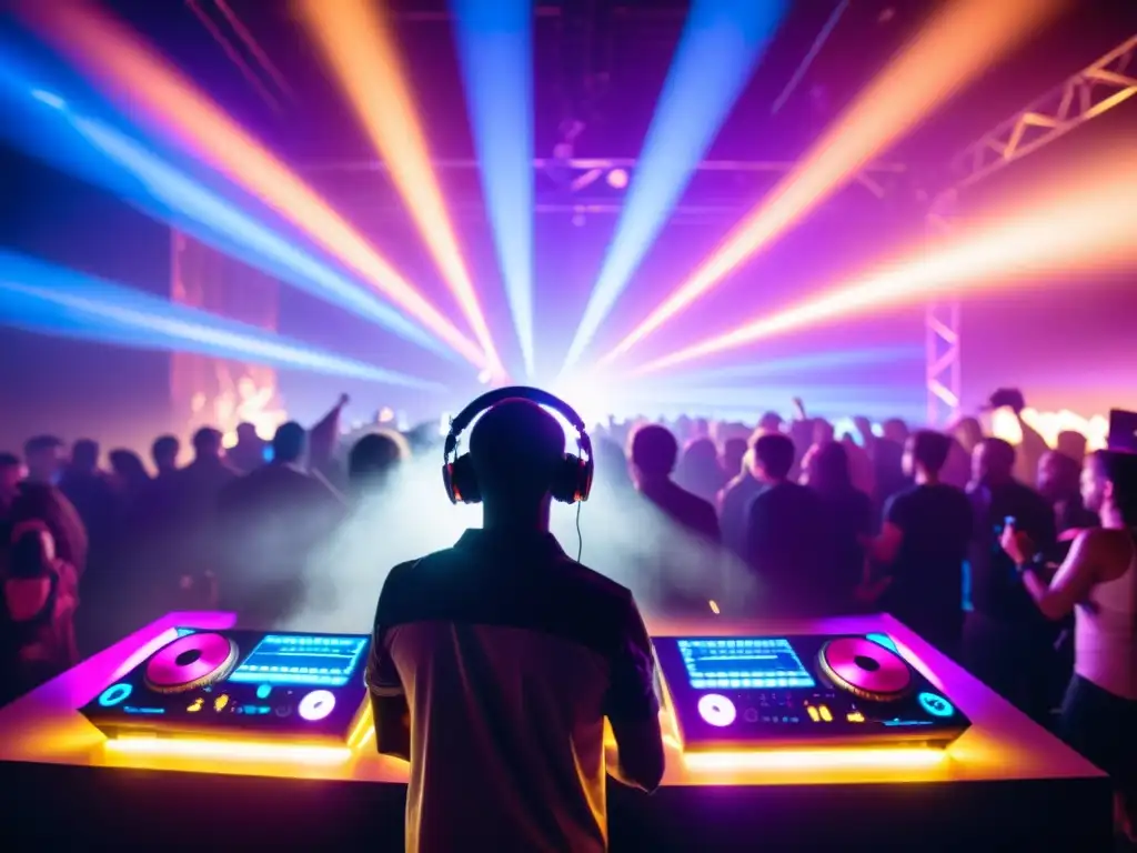Derechos de sincronización en música electrónica: DJ en cabina con luces LED y multitud bailando, creando atmósfera dinámica y vibrante