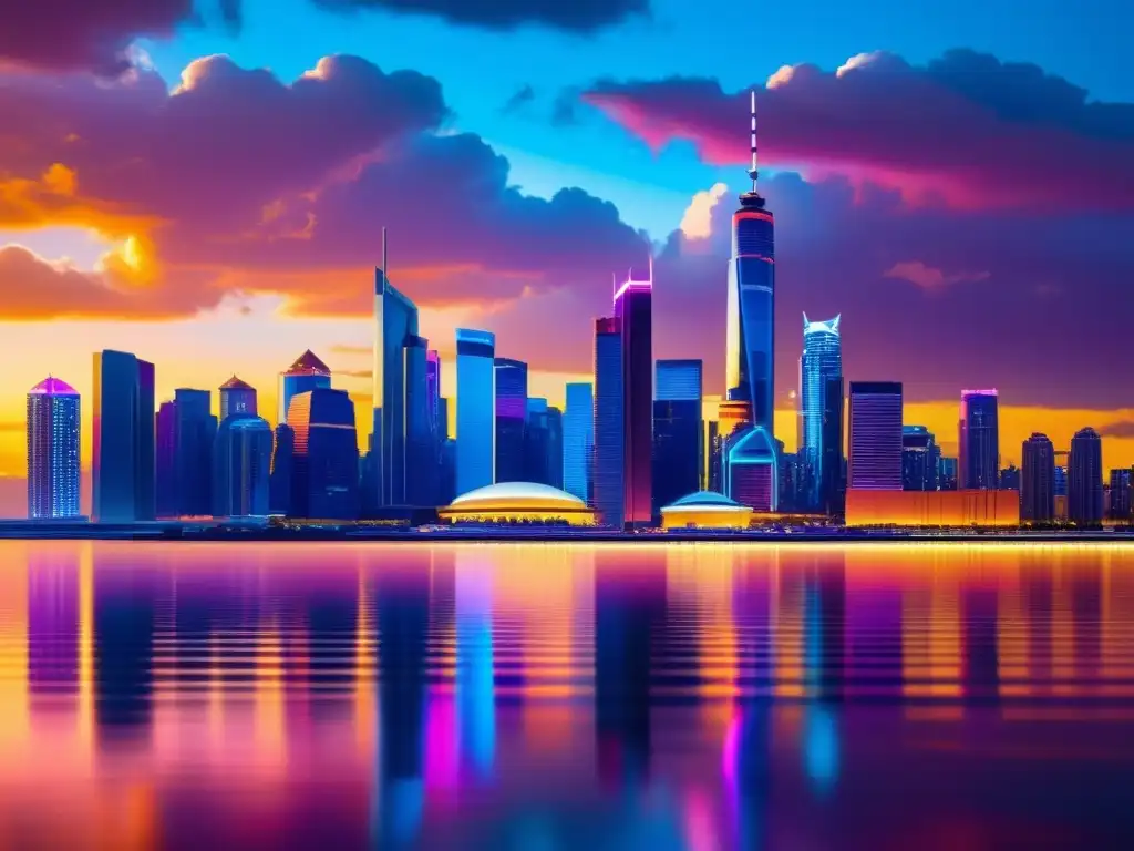 Derechos de sincronización en música electrónica: Una ciudad futurista vibrante con luces de neón y rascacielos reflejados en una superficie de vidrio, bajo un atardecer dramático que irradia un cálido resplandor dorado
