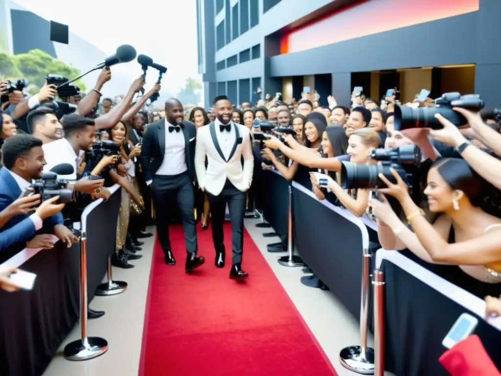 Derechos de famosos en eventos en vivo: Celebridad glamorosa en alfombra roja, rodeada de cámaras y fans entusiastas